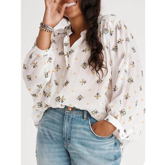 Anthropologie Tops - By Anthropologie 100% Cotton Lisabetta Embroidered Balloon Sleeve Boho Top Sz M
